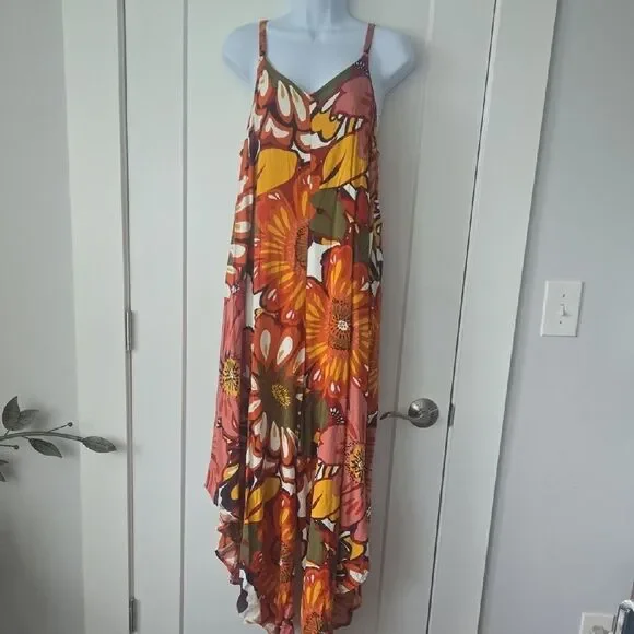 MSK Orange and Brown Floral Asymmetrical High-Low Romper - Picture 1 of 5